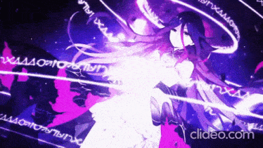 a girl in a white dress is surrounded by purple writing and a purple background with clideo.com