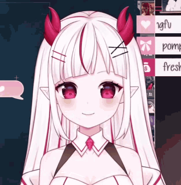 a girl with white hair and red horns is smiling in front of a sign that says fresh