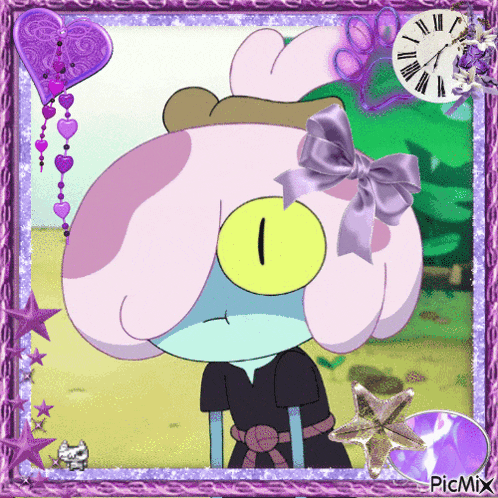 a picture of a cartoon character with a purple bow on her head and a clock with roman numerals