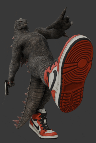 a statue of a dinosaur wearing a pair of red and white nike sneakers