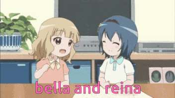 two anime girls are sitting at a table with the words bella and reina written in pink