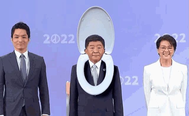 a man in a suit has a toilet seat in front of his head .