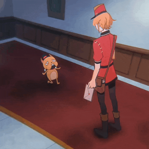 a man in a red uniform is holding an envelope next to a cartoon dog
