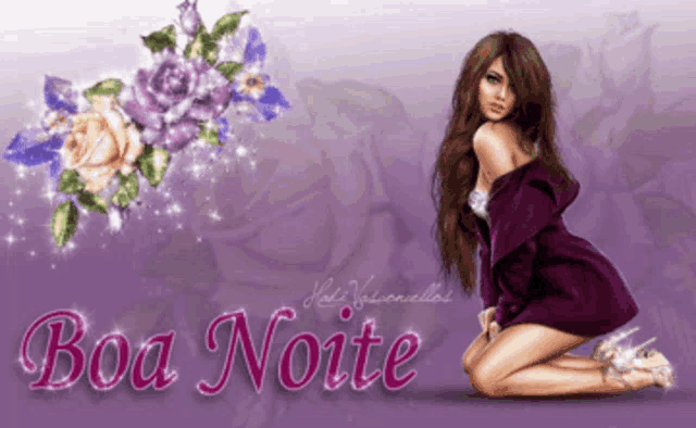 a purple background with boa noite and a woman kneeling