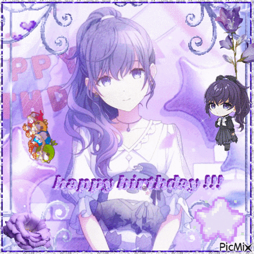 a girl with purple hair is surrounded by purple flowers and the words happy birthday