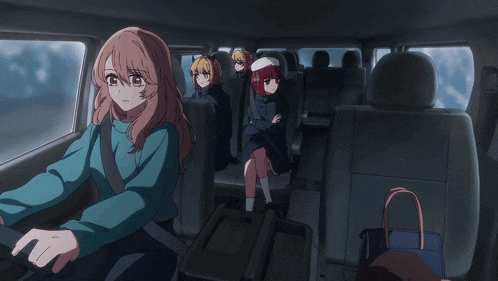 a group of anime girls are sitting in the back of a car