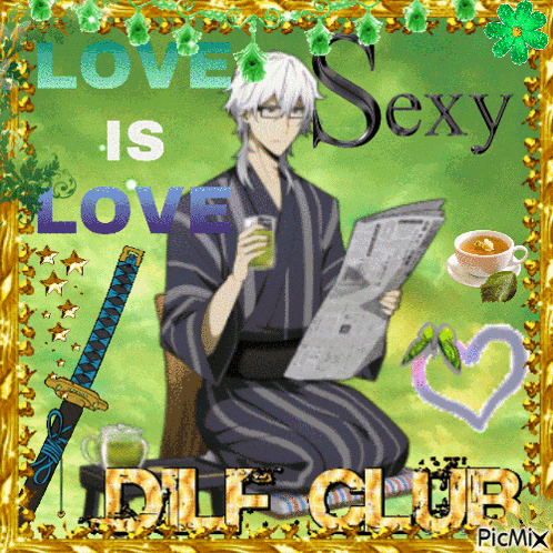 a picture of a man reading a newspaper with the words love is sexy in the corner