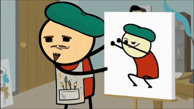 a cartoon character is holding a canvas with a picture of a man in a beret on it