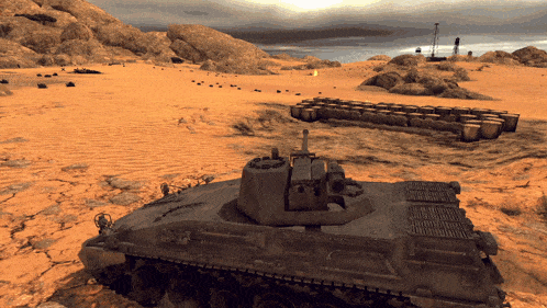 a video game scene with a tank in the middle of the desert