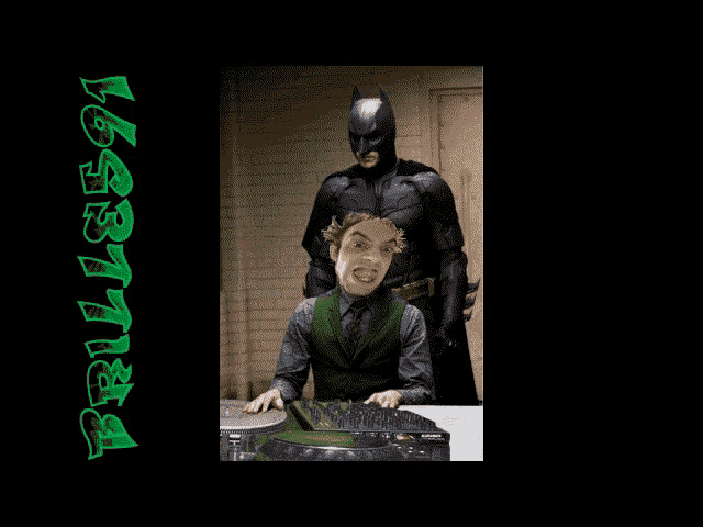 a man in a batman costume is standing next to a man in a green vest