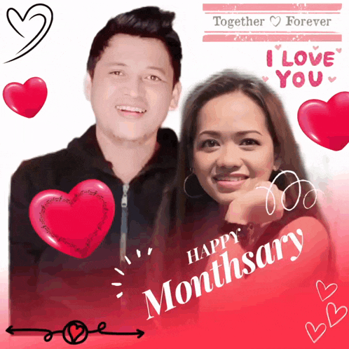 a man and a woman are surrounded by red hearts and the words together forever