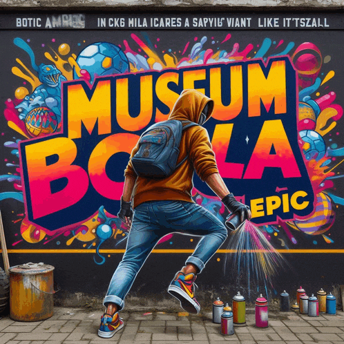 a painting of a man spraying paint on a wall with the words museum bola epic
