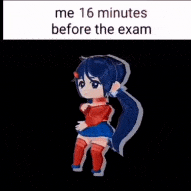 a cartoon girl is dancing with the words me 52 seconds before the exam on the bottom