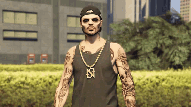 a man wearing a black tank top with a pendant that says ks on it