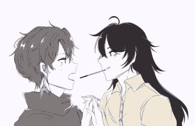 a couple of anime characters holding hands and one has a poke stick in his mouth