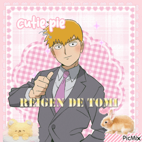 a man in a suit and tie giving a thumbs up with the words cutie pie reign de tomi below him