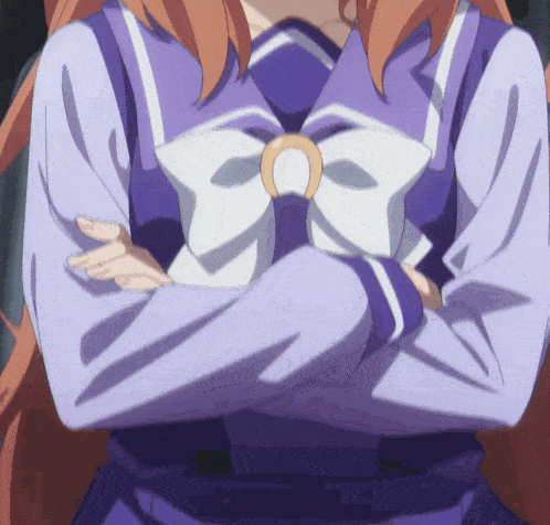a girl in a purple uniform with a white bow on her chest