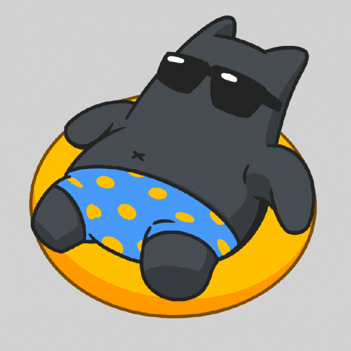 a black cat wearing sunglasses is floating on a yellow ring