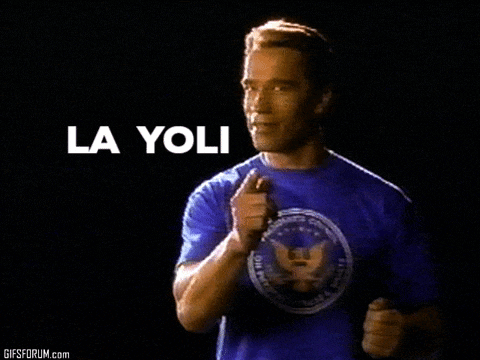 arnold schwarzenegger is wearing a blue shirt that says la yoli on it