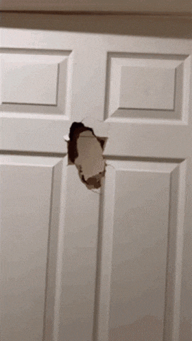 a white door with a hole in it and a piece of paper sticking out