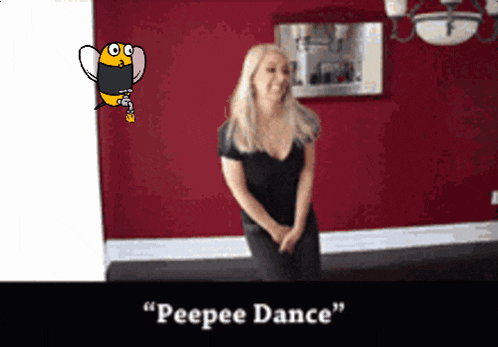a woman in a black dress is dancing in front of a red wall with the words " peepee dance " written below her