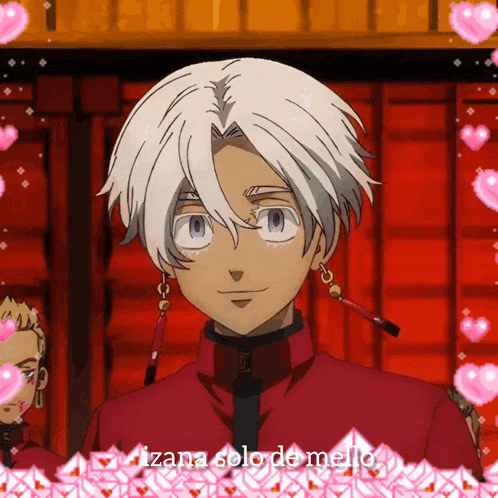 a cartoon character with white hair and a red jacket is surrounded by pink hearts and the words izana solo de mello