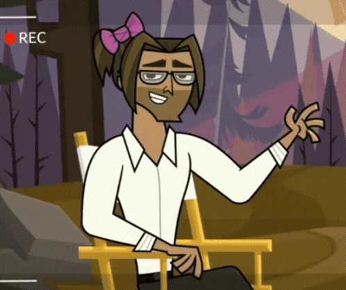 a cartoon of a man with glasses and a pink bow in his hair is being recorded