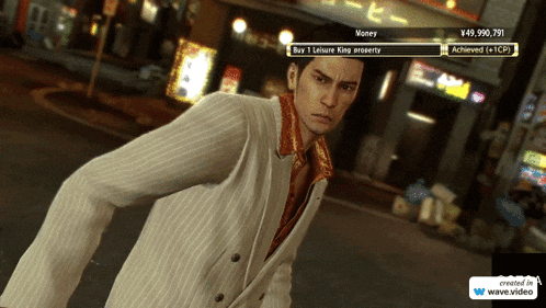 a screenshot of a video game shows a man in a white jacket