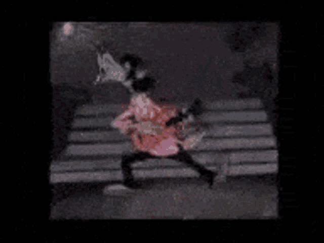 a cartoon character in a pink jacket is walking on a bench