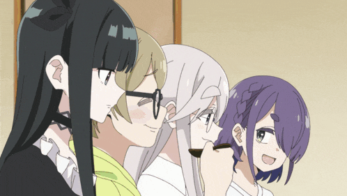 a group of anime girls standing next to each other with one wearing glasses