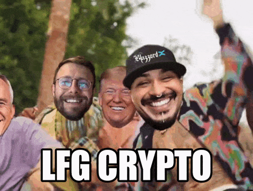 a group of men are posing for a picture and one of them is wearing a hat that says lfg crypto