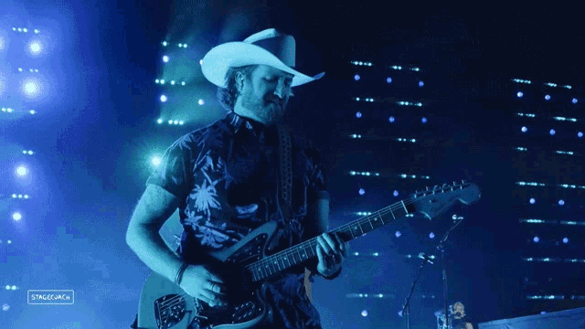 a man wearing a cowboy hat is playing a guitar