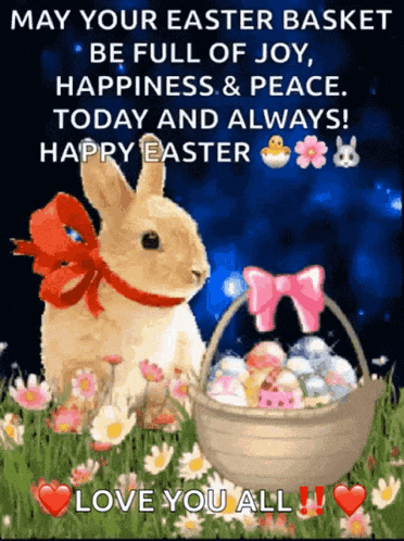 an easter greeting card with a bunny and a basket full of easter eggs