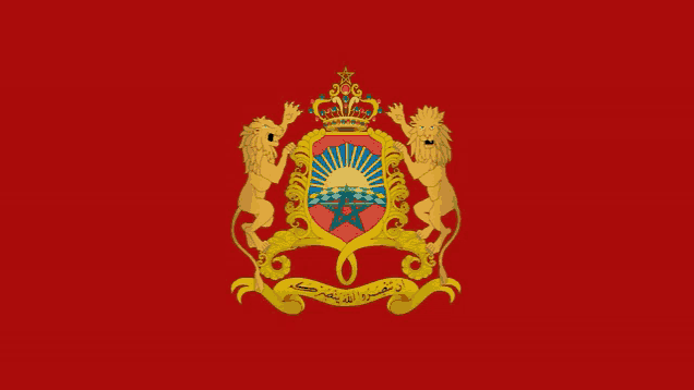 a red background with a coat of arms with two lions on it