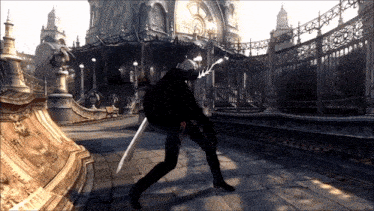 a man holding a sword in front of a castle