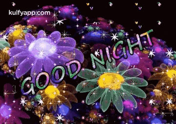 a good night greeting card with colorful flowers and stars