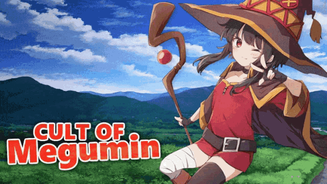 a poster for cult of megumin with a girl in a witch hat