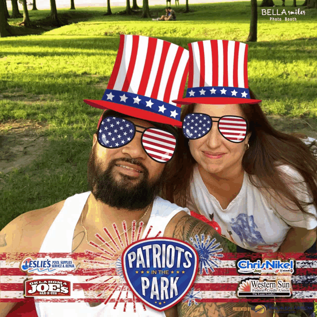 a man and woman wearing patriotic hats and sunglasses with the words patriots in the park in the background