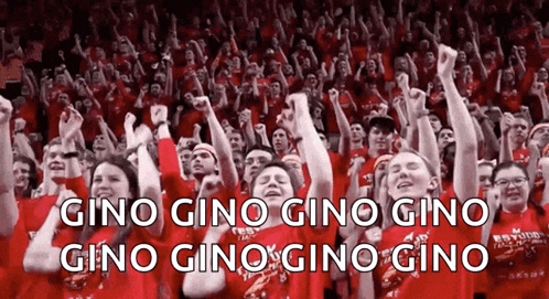 a crowd of people with their fists in the air and the words gino gino gino gino gino gino gino gino