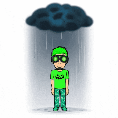a cartoon character wearing a green shirt with a bat on it stands in the rain