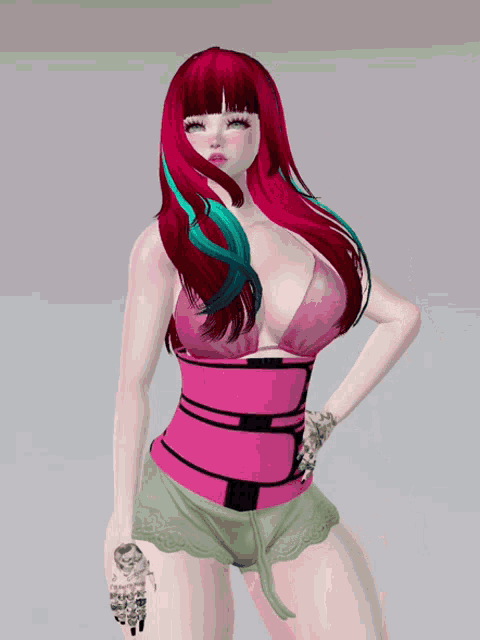a woman with red hair and green streaks is wearing a pink bra and green shorts