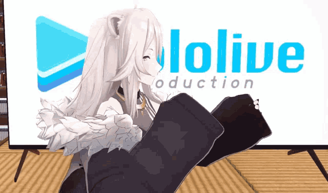 a 3d anime character stands in front of a hololive production logo