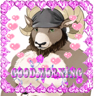 a picture of a ram with the words good morning written in pink