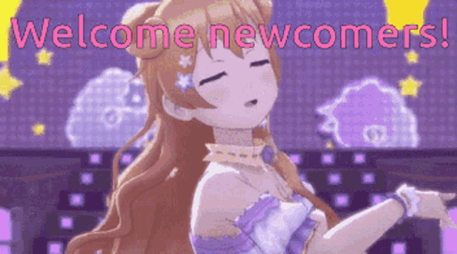 a pixel art of a girl dancing with the words welcome newcomers below her