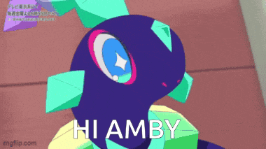 a cartoon character says hi amby in front of a colorful background