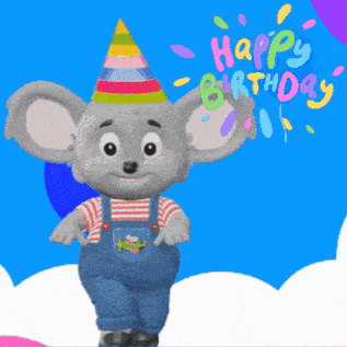 a koala wearing overalls and a party hat with the words happy birthday in the background