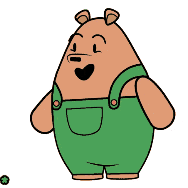 a cartoon bear in green overalls has hearts around him