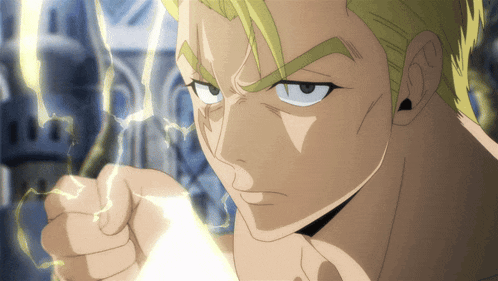 a close up of a man 's face with a lightning bolt coming out of his fist