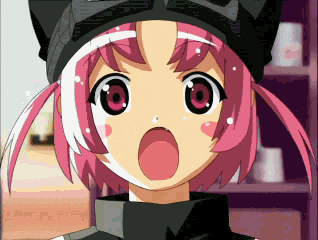 a cartoon girl with pink hair and a black hat