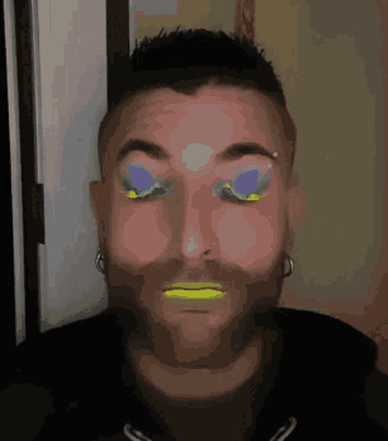 a close up of a man 's face with makeup on his eyes and mouth